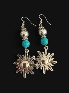 Handmade Silver Sun & Turquoise Boho Dangle Earrings Celestial Western